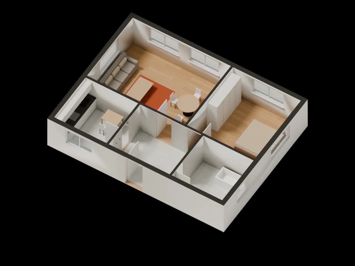 3D-Ansicht eines Wohnungsgrundrisses mit Möbeln, schräg von oben