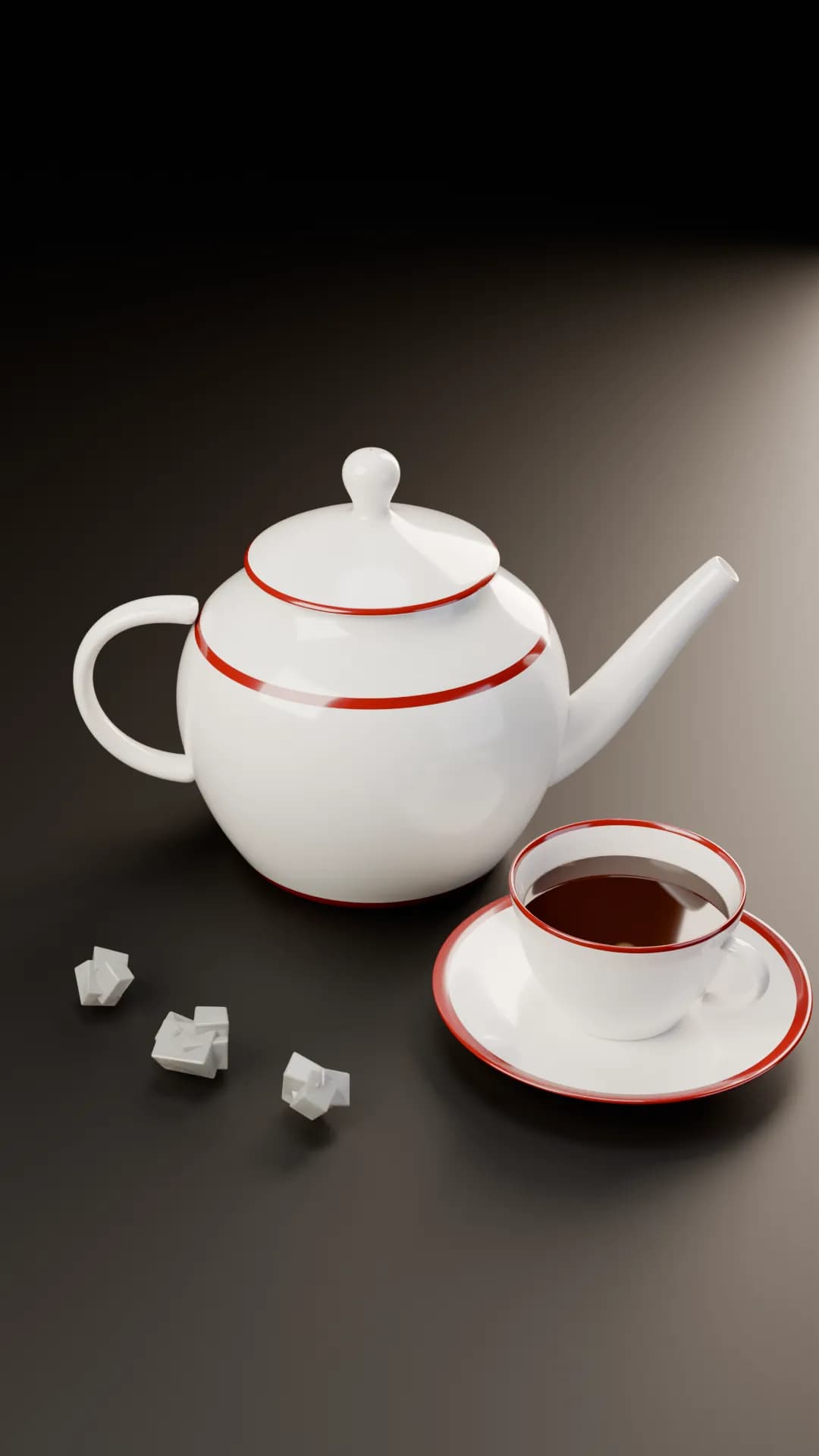 Hochformat: Teekanne, Tasse und Kandis auf dunklem Tisch, mit Platz für Text im oberen Drittel