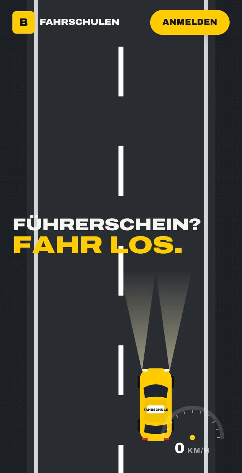 Beispiel einer Fahrschul-Website am Handy: dunkle Straße von oben mit gelbem Fahrschulauto