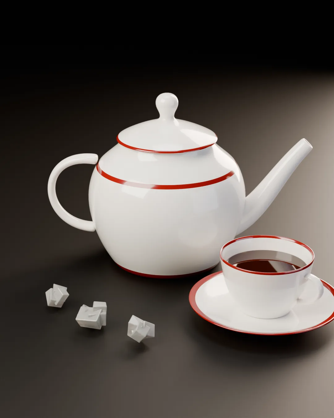 Ostfriesische Teekanne aus weißem Porzellan mit kaminrotem Rand, daneben Tasse mit Tee und Kandis – in Blender gerechnet